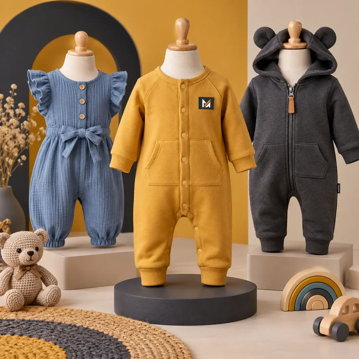 Three baby rompers and jumpsuits displayed on mannequins in blue, mustard yellow, and charcoal gray, with one outfit featuring the Mega Apparel logo.